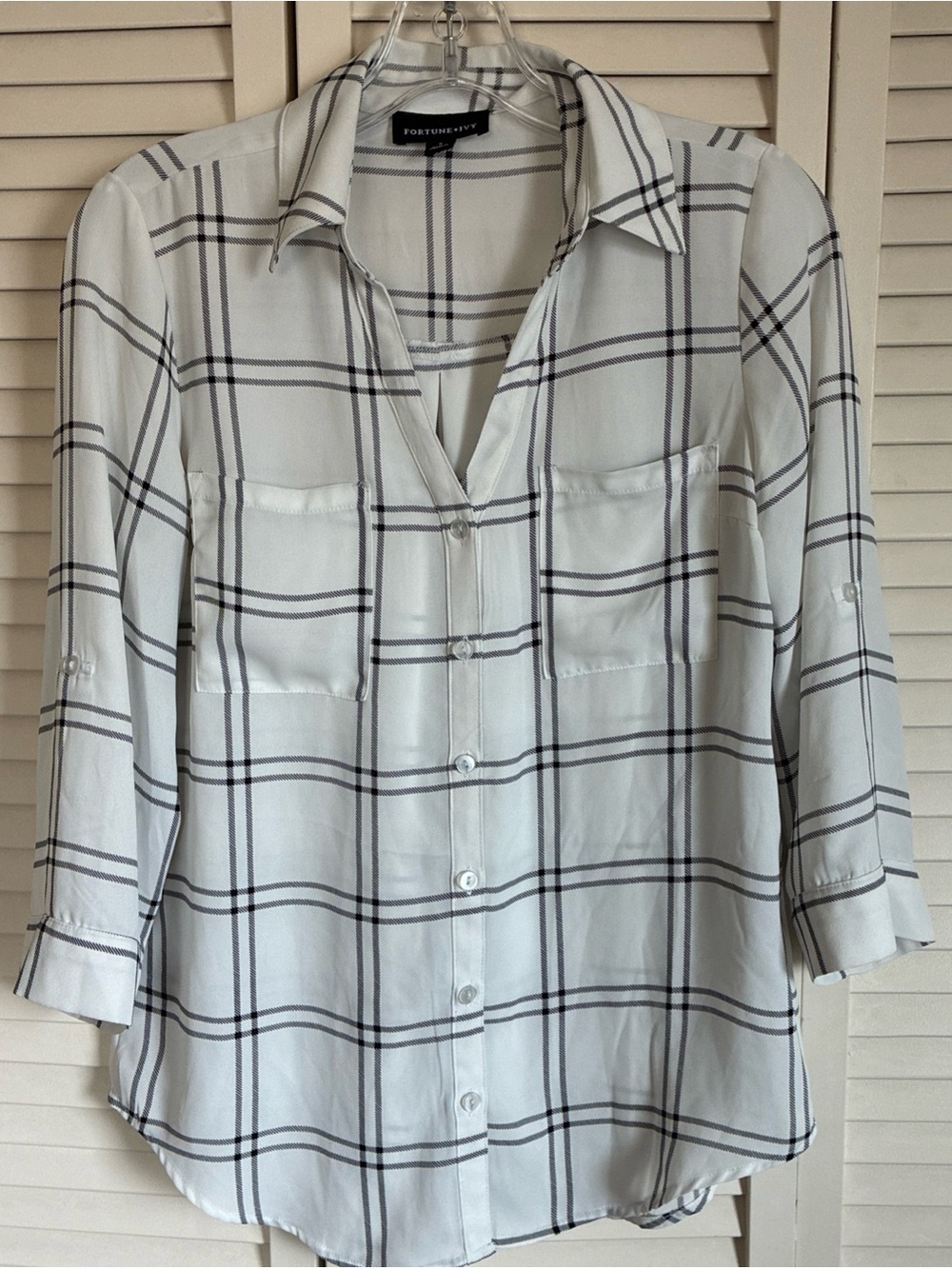 Fortune & Ivy Blouse Women's Medium Plaid Button Up V-Neck Sheer Casual Top Sz S